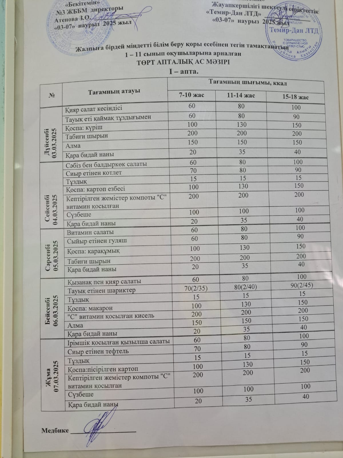 Апта ас мәзірі