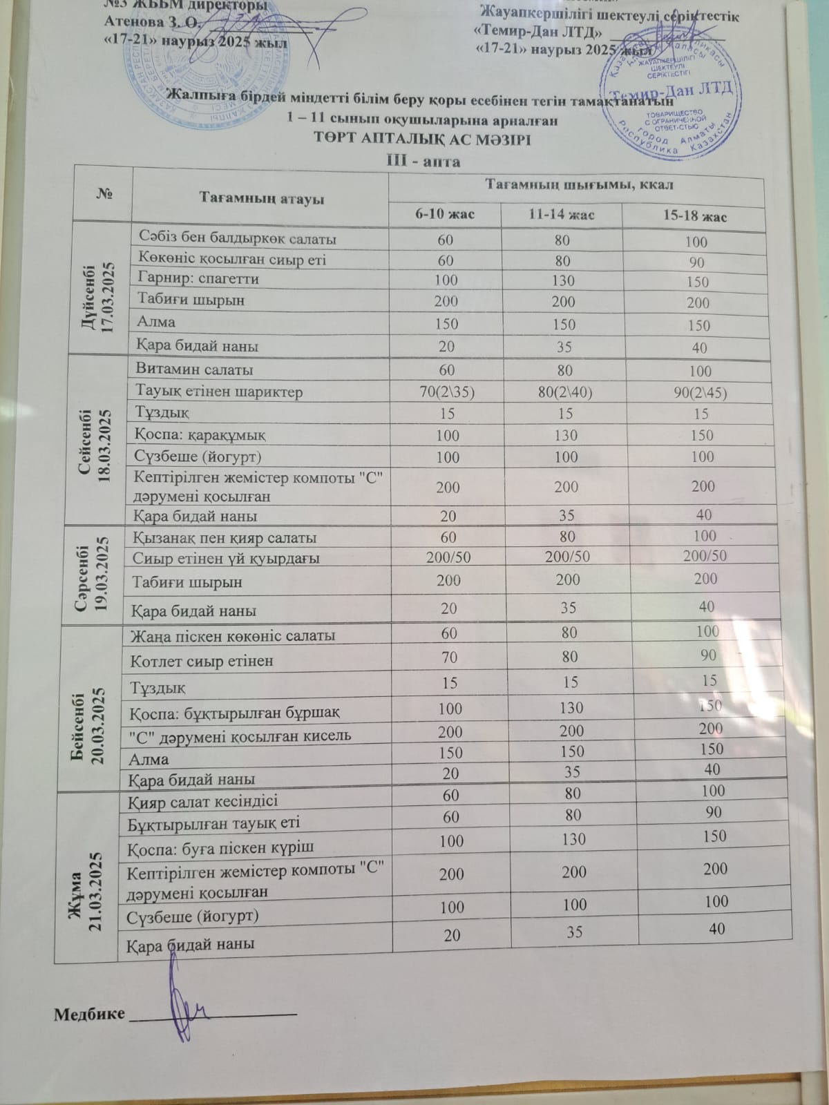 Апта ас мәзірі