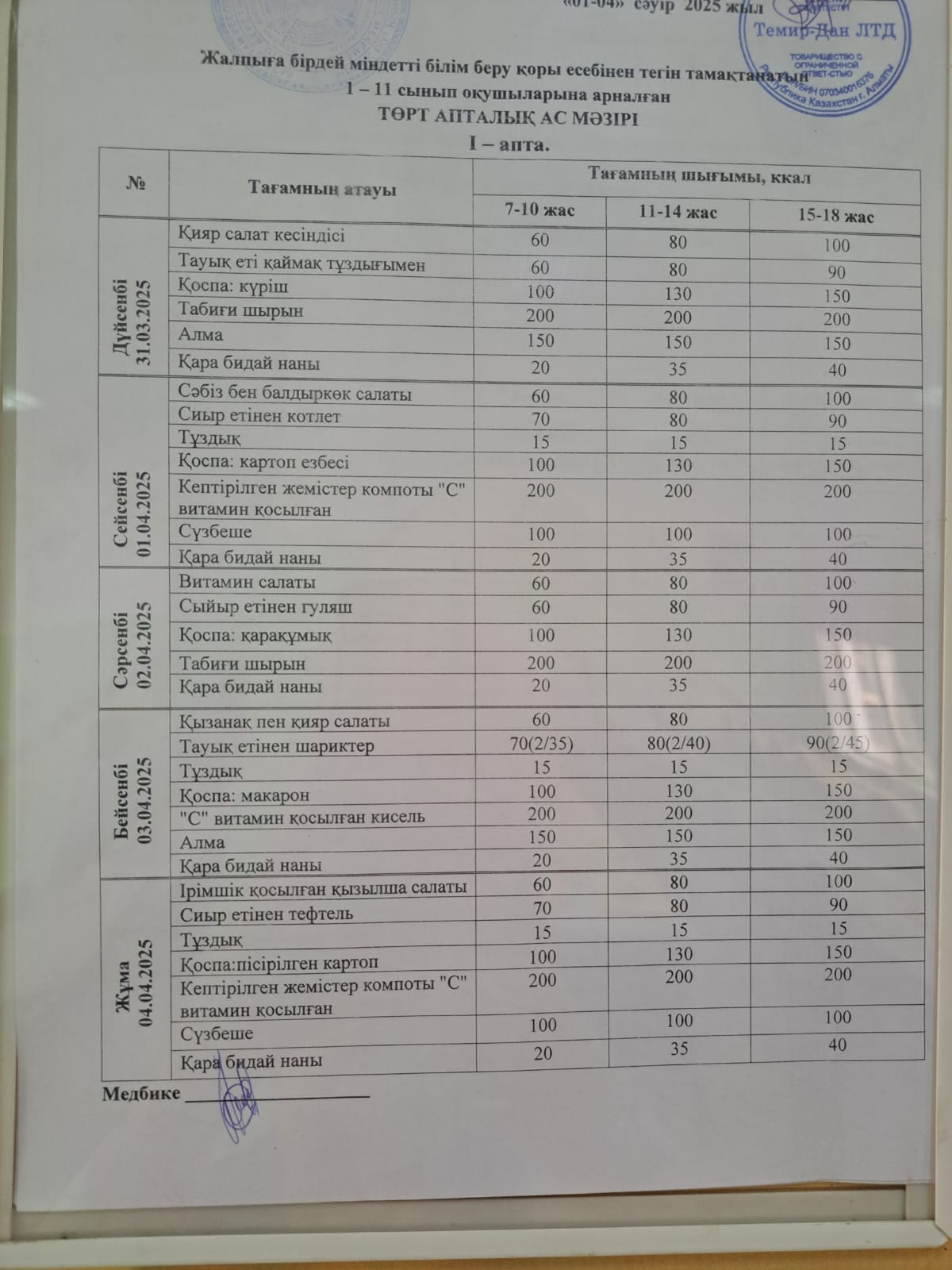 Апта ас мәзірі