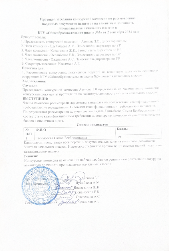 Протокол заседание конкурсной комиссии.