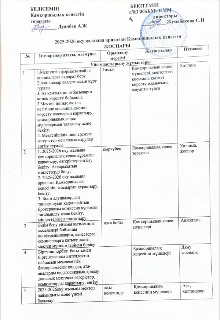 2025-2026 оқу жылына арналған Қамқоршылық кеңесінің жоспары
